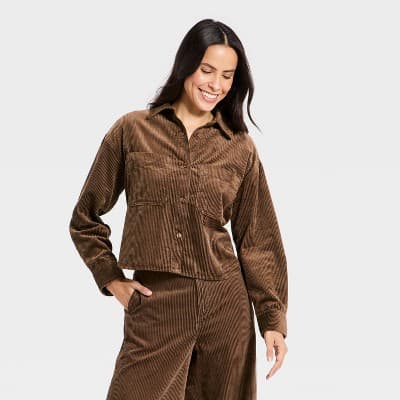 Women's Long Sleeve Cropped Corduroy Collared Neck Button-Down Shirt - Universal Thread™ Brown XS