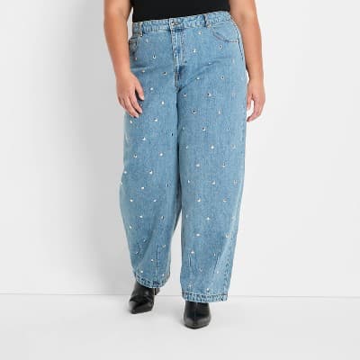 Women's Mid-Rise Studded Barrel Leg Jeans - Future Collective Blue Denim 22