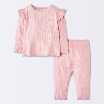 Baby Girls' 2pc Butterfly Graphic Ruffle Long Sleeve T-Shirt and Leggings Set - Cloud Island™ Rose Pink 12M