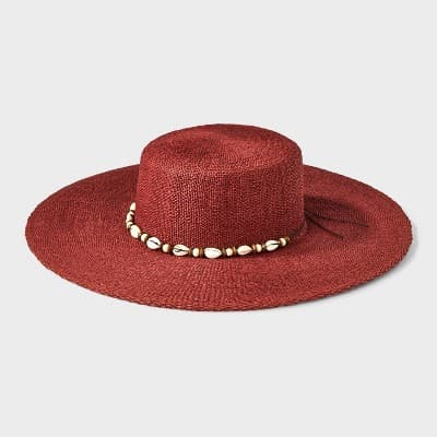 Straw Wide Brim Boater Hat with Shell Detail - Universal Thread™ Burgundy
