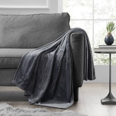 Brookstone Heated Solid Plush Throw Gray
