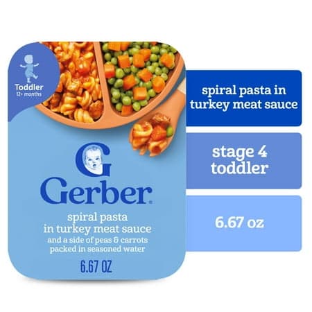 Gerber Spiral Pasta in Turkey Meat Sauce with Green and Yellow Beans Toddler Food, 6.67 oz Tray