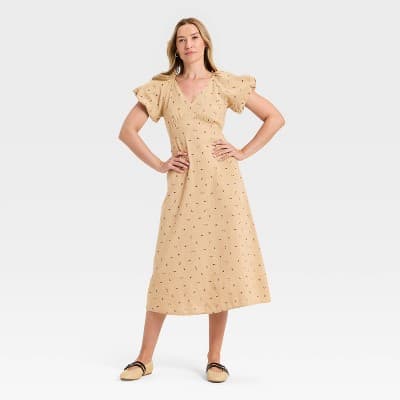 Women's Puff Short Sleeve Midi Sundress - Universal Thread™ Tan Floral XL