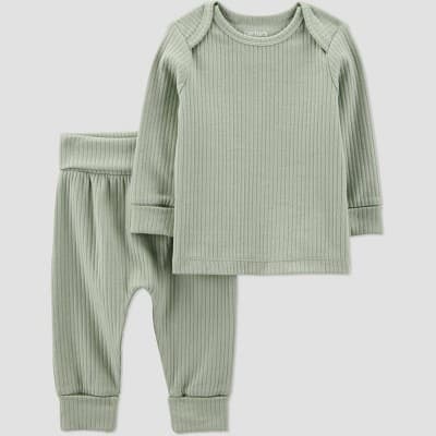 Carter's Just One You® Baby 2pc Textured Knit Top and Pants Set - Green 24M: Solid Pattern, Cotton Elastane Blend, Machine Washable