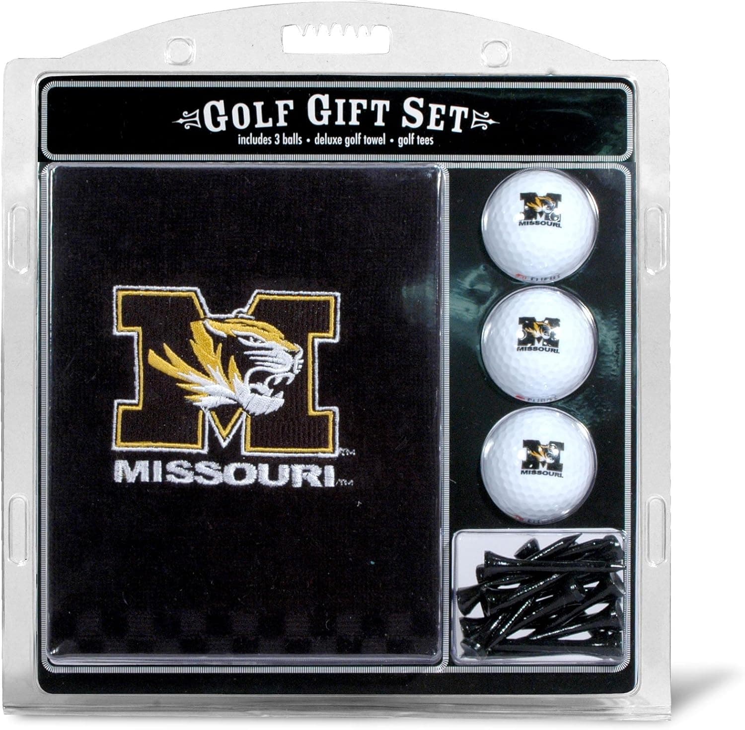 Team Golf NCAA Missouri Tigers Gift Set: Embroidered Golf Towel, 3 Golf Balls, and 14 Golf Tees 2-3/4" Regulation, Tri-Fold Towel 16" x 22" & 100% Cotton