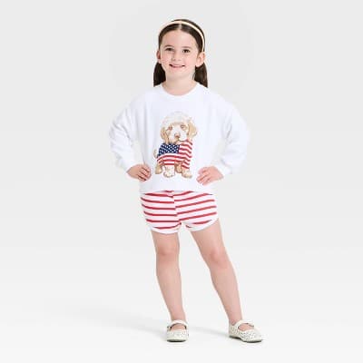 Grayson Mini Toddler Girls' 2pc 4th of July Puppy Flag Crewneck Sweatshirt & Shorts Set - White 3T