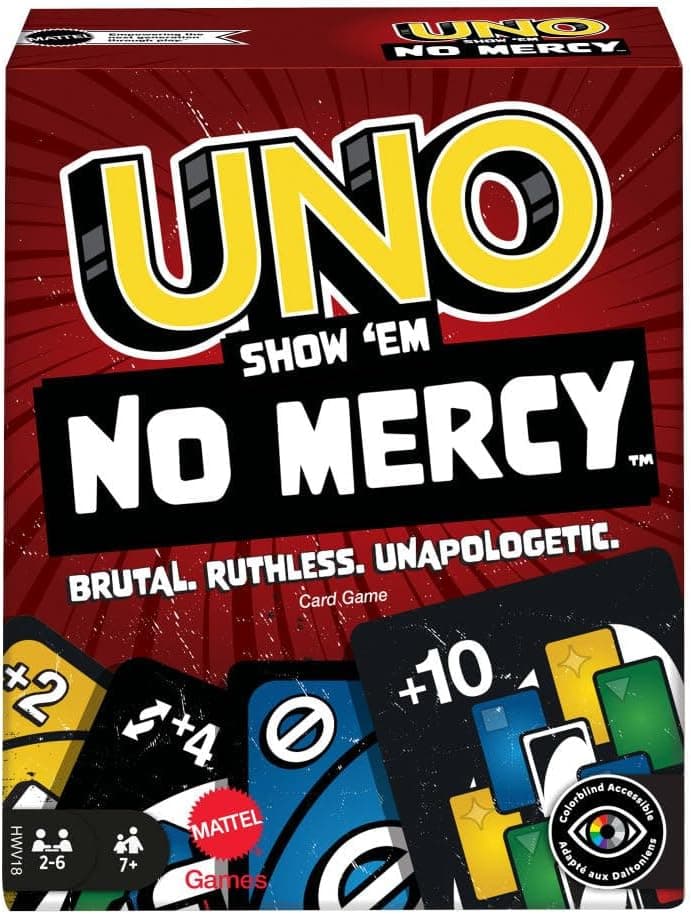Mattel Games UNO Show ‘em No Mercy Card Game for Kids, Adults & Family Parties & Travel with Extra Cards, Special Rules & Tougher Penalties