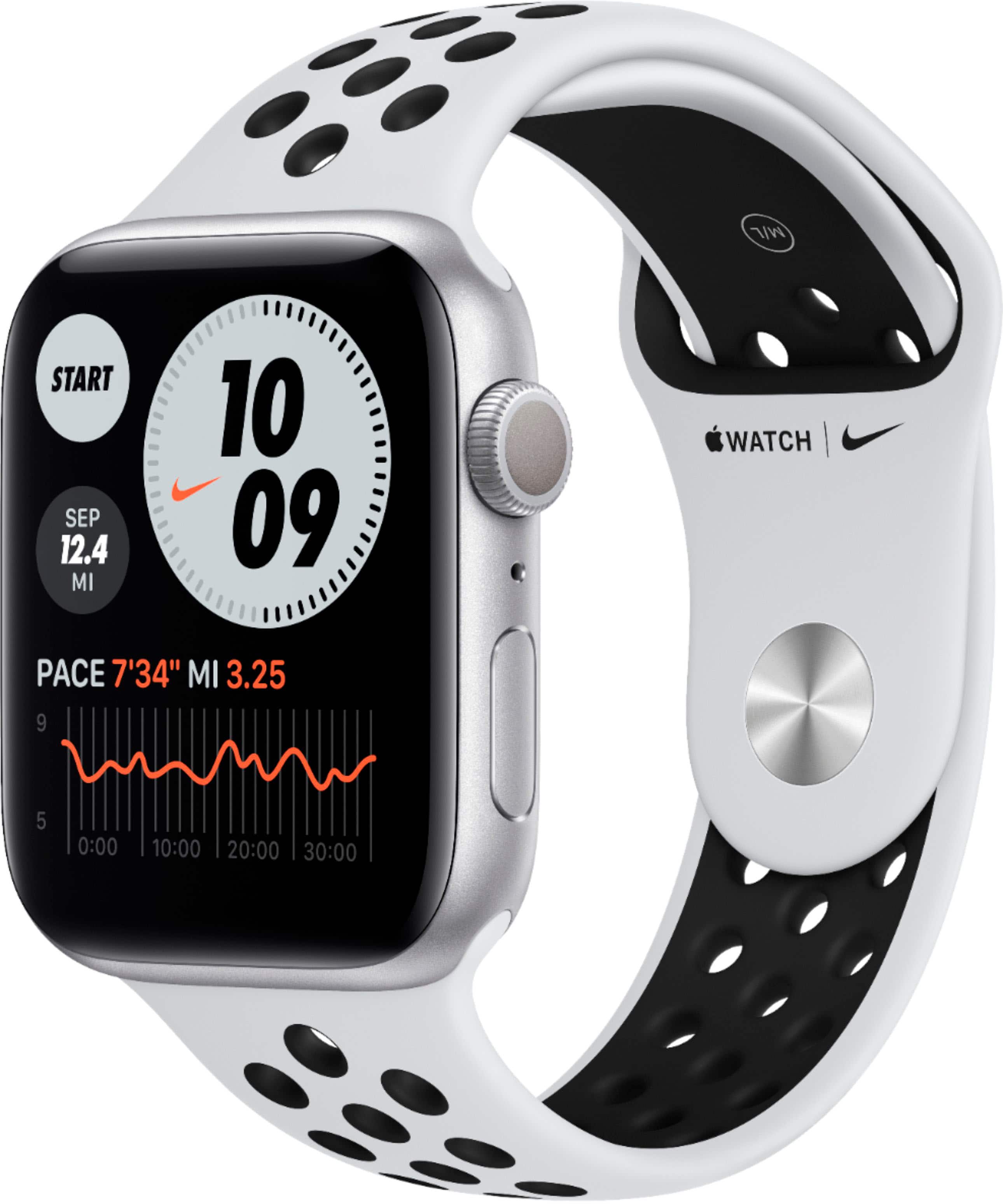 Refurbished Apple Watch Nike Series 6 (GPS) 44mm Silver Aluminum Case with Pure Platinum/Black Nike Sport Band - Silver - (2020)