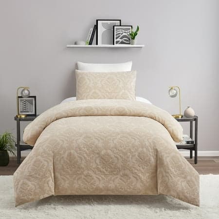 Better Homes & Gardens Woven Damask 2-Piece Comforter Set, Beige, T/TXL, All Ages
