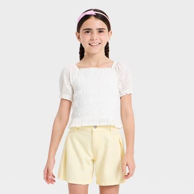 Girls' Short Sleeve Eyelet Smocked Top - Cat & Jack™ Cream XS
