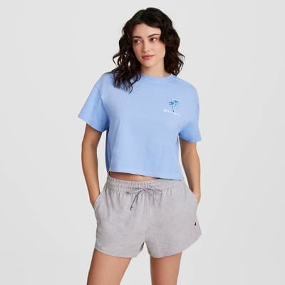 Champion Women's Iconic Cropped Short Sleeve Watercolor Palm T-Shirt - Blue M