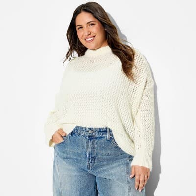 Women's Openwork Crewneck Pullover Sweater - Wild Fable™ Off-White 1X
