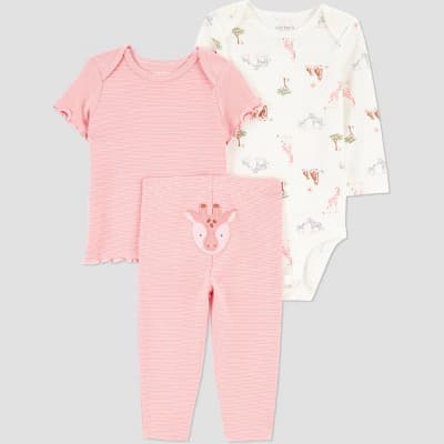 Carter's Just One You® Baby Girls' 3pc Striped Giraffe Bodysuit Set - Pink Newborn