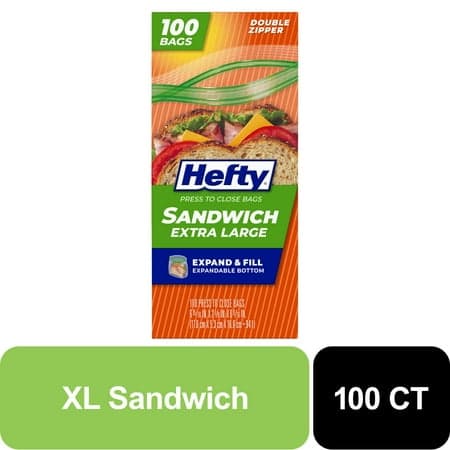 Hefty Press to Close Extra Large Sandwich Food Storage Bags, 100 Count
