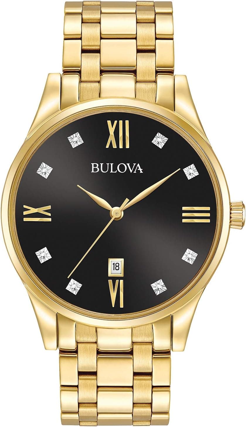 Bulova Men's Classic Gold Tone Watch with Black Diamond Dial