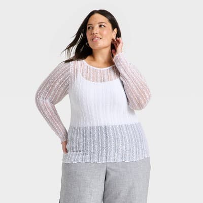 Women's Long Sleeve Lace Top - A New Day™ White XXL