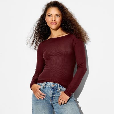 Women's Slim Fit Long Sleeve Boat Neck Ribbed T-Shirt - Wild Fable™ Burgundy S