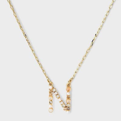 14k Gold Dipped Opal Pearl & Cubic Zirconia Letter "N" Initial Necklace - A New Day™ Gold