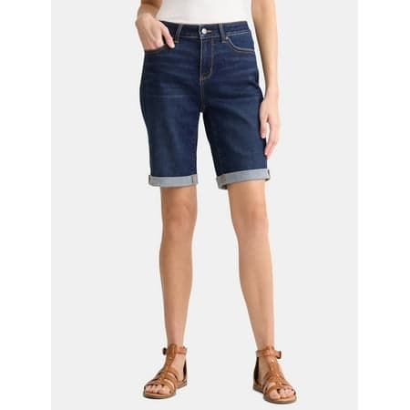 Time and Tru Women's Mid Rise Denim Bermuda Shorts, 10" Inseam, Sizes 0-22