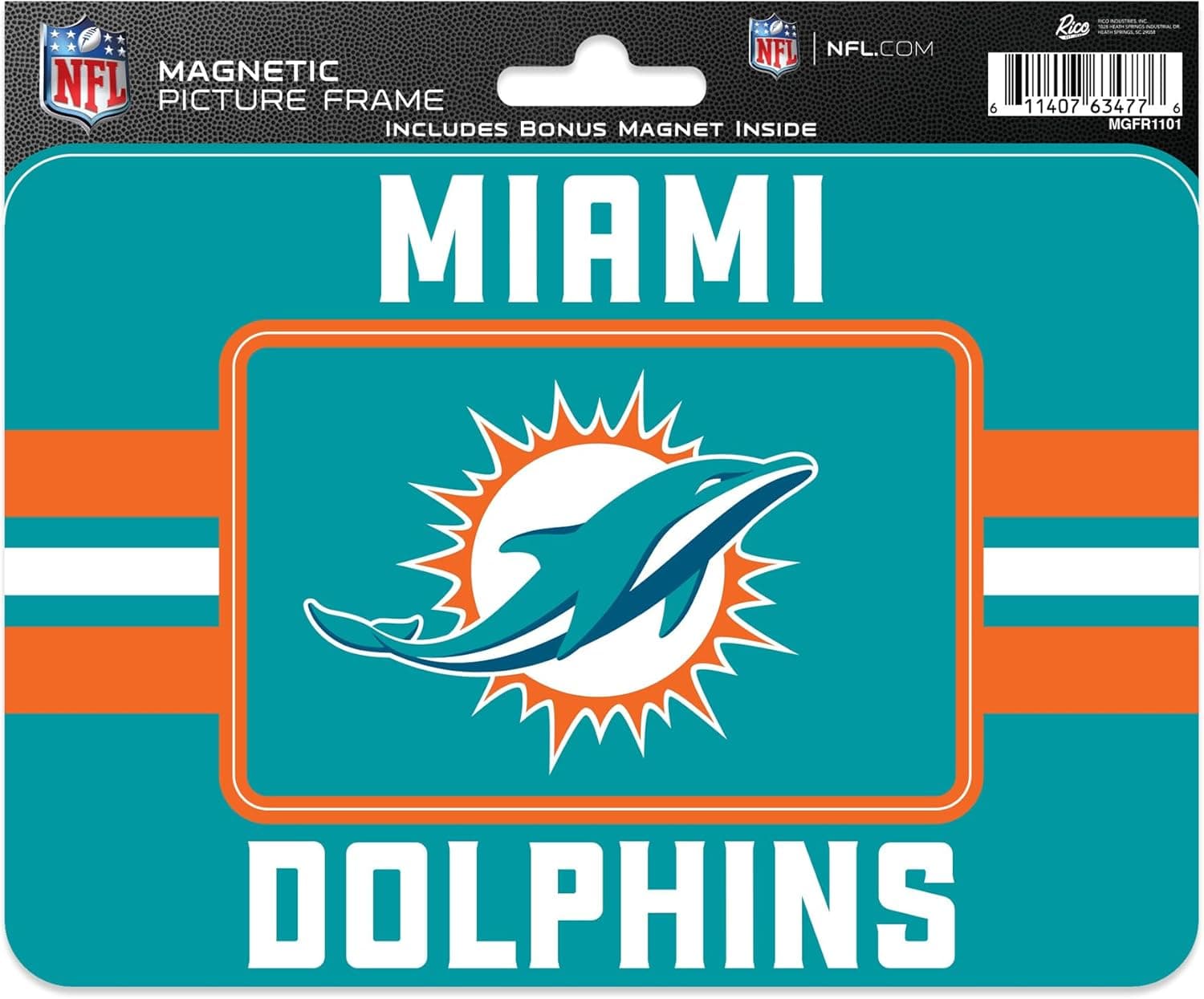Rico Industries NFL Football Miami Dolphins Stripes Magnetic Picture Frame (5"x6.75") & Magnet Combo Set - Home Décor - Regrigerator, Office, Kitchen