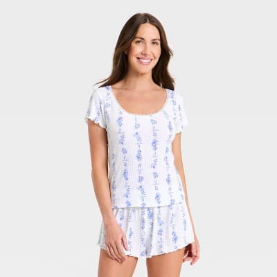 Women's Pointelle Short Sleeve Shirt and Shorts Pajama Set - Auden™ Blue Floral XL