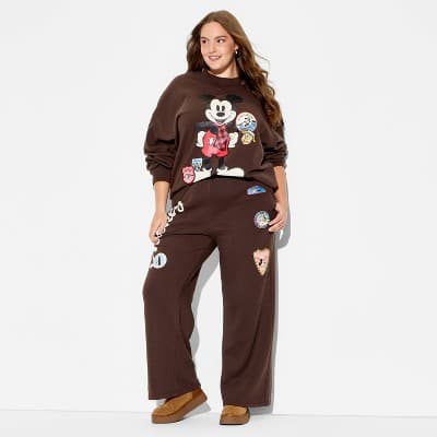 Women's Wide Leg Mickey Mouse Graphic Sweatpants - Brown 1X