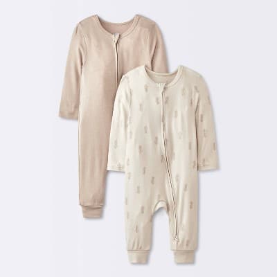 Baby 2pk Leaf So Very Soft Modal Blend Romper - Cloud Island™ Cream 0-3M: Long Sleeve, Front Zipper, Solid & Arrows