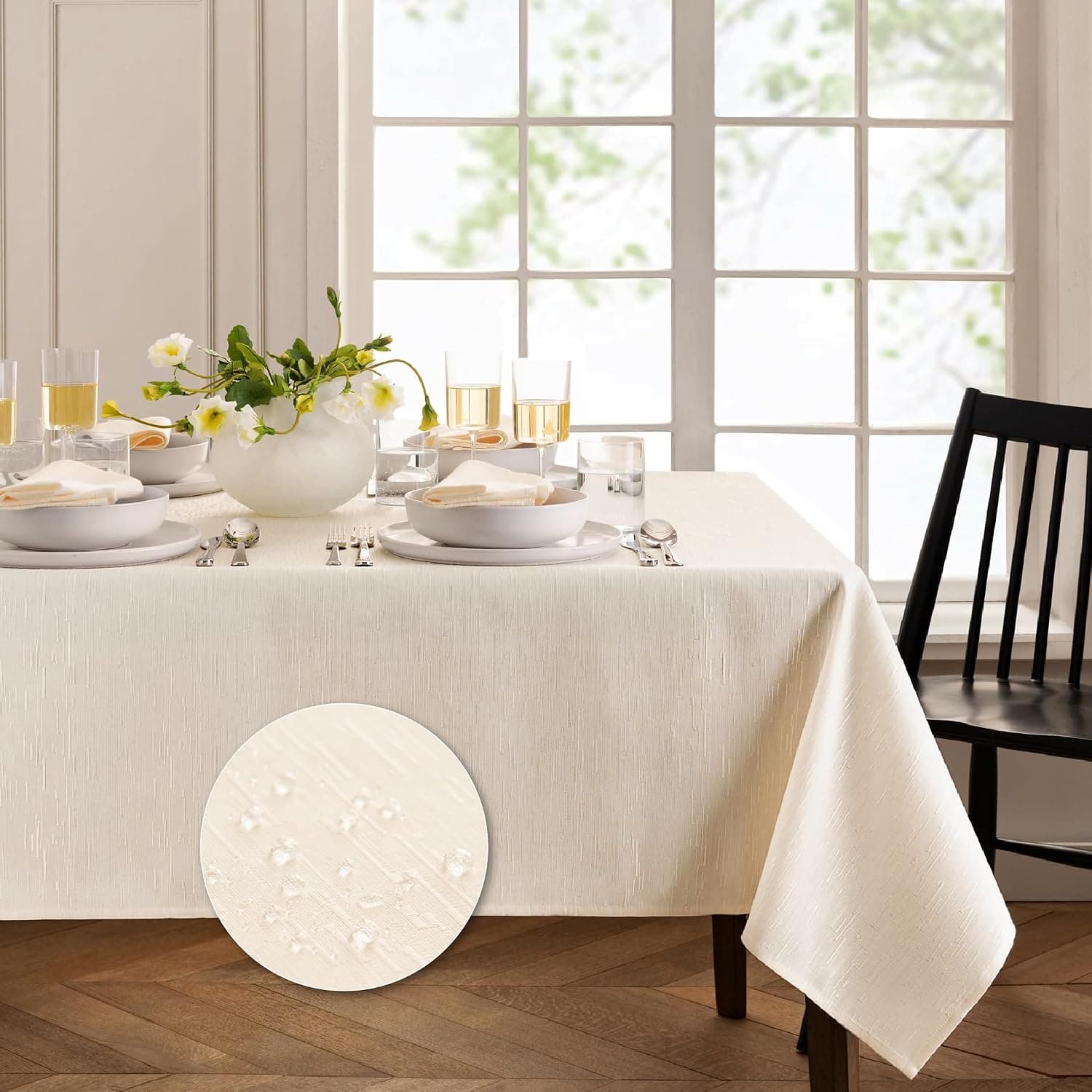 Elrene Home Fashions Continental Solid Texture Water, Stain & Wrinkle Resistant Tablecloth, 52"X52" Square, Ivory