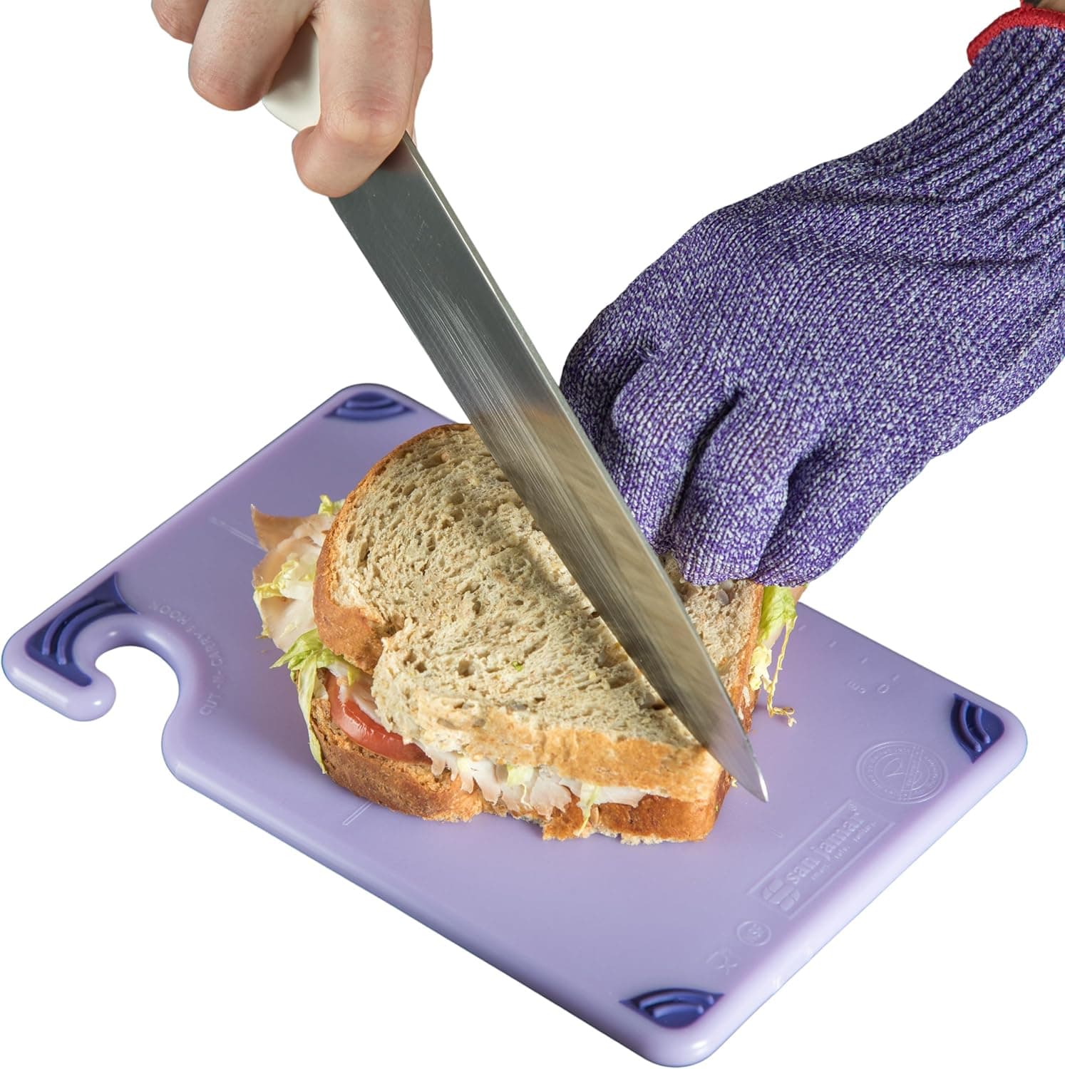 San Jamar Saf-T-Grip Plastic Cutting Board with Safety Hook, 6" x 9" x 0.375", Purple