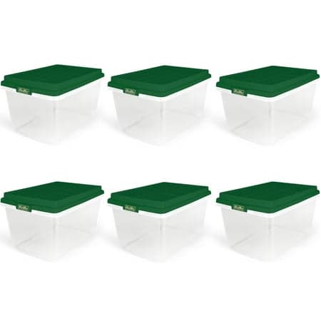 Hefty 72 Quart Clear Plastic Christmas Storage Bin with Holiday Green HIRISE Lid, Set of 6
