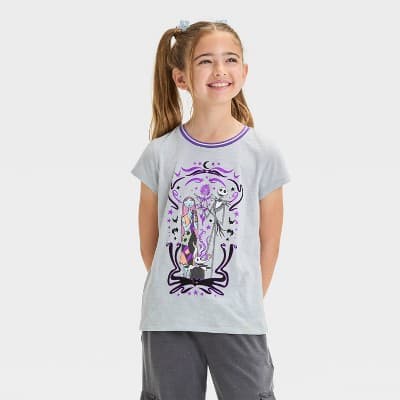 Girls' Disney The Nightmare Before Christmas Short Sleeve Graphic T-Shirt - Gray/Lavender M