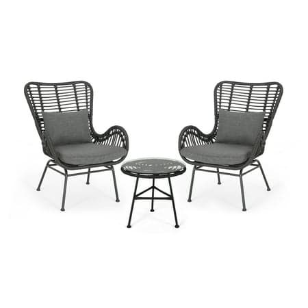 Noble House Acuna 3-PC Outdoor Faux Rattan Conversation Set in Gray