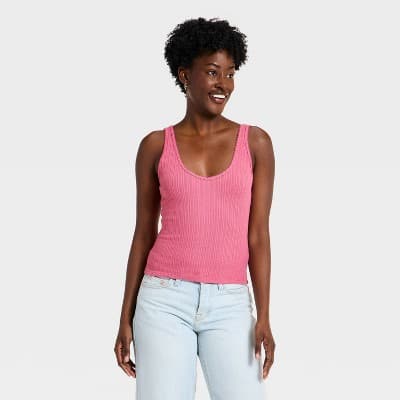Women's Western Lace Trim Pointelle Tank Top - Universal Thread™ Pink M