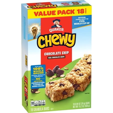 Quaker Chewy Chocolate Chip Granola Bars 18 Count, 0.84 oz Bars