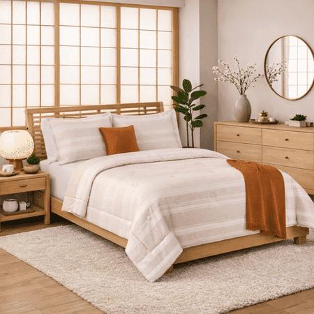 Mainstays 5-Piece Reversible Comforter Set with Decor Pillow and Throw Rust Striped Bedding Set, Full/Queen