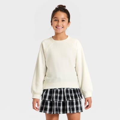 Girls' Lace Trim French Terry Pullover Sweatshirt - Cat & Jack™ Cream M