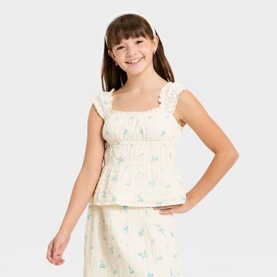 Girls' Floral Babydoll Woven Top - art class™ White XS