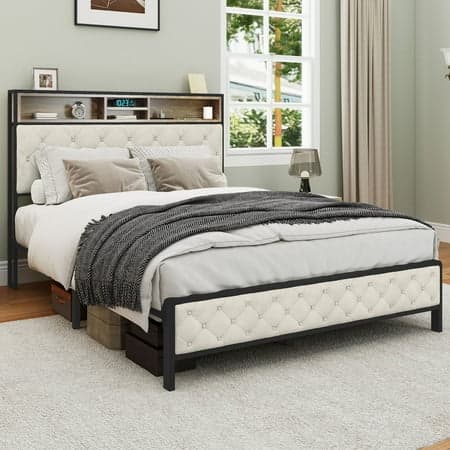 Dextrus Queen Size Footboard Metal Slats Bed Frame ,No Box Spring Needed,Beige