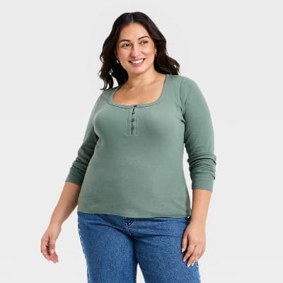 Women's Long Sleeve Scoop Neck Henley Top - Ava & Viv™ Green XXL