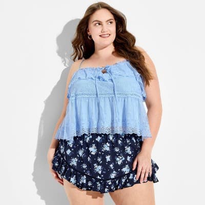 Women's Embroidered Mesh Babydoll Top - Wild Fable™ Light Blue 1X