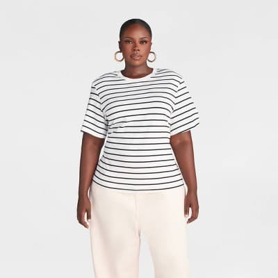 KBB by KAHLANA Women's Short Sleeve 'The Nipped Waist T-Shirt' - Black Striped 2X