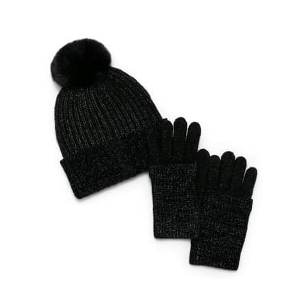 Madden NYC Women's Lurex Beanie and Cuffed Gloves Set, 2-Piece, Black, One Size