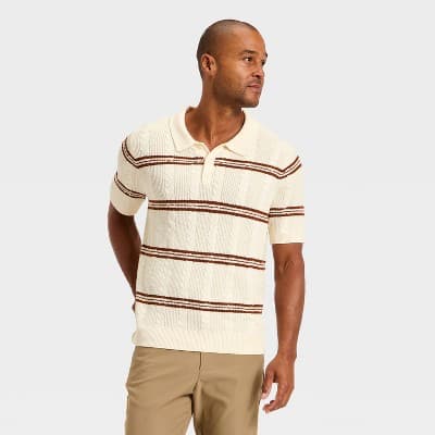 Men's Striped Short Sleeve Cable Sweater - Goodfellow & Co™ Cream XL