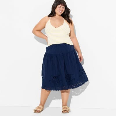 Women's Eyelet Midi A-Line Skirt - Wild Fable™ Navy Blue 3X