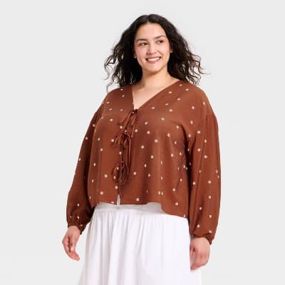 Women's Balloon Long Sleeve Tie-Front Blouse - A New Day™ Brown Polka Dots XXL