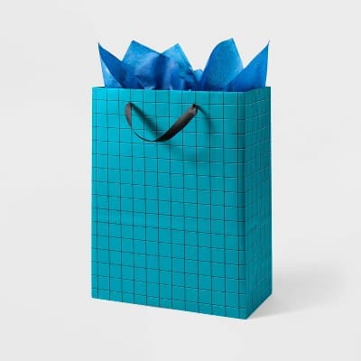 Large Birthday Gift Bag with Tissue Grid - Spritz™: Stripe Pattern, Black & Teal Blue, 12.75" x 10" x 5"