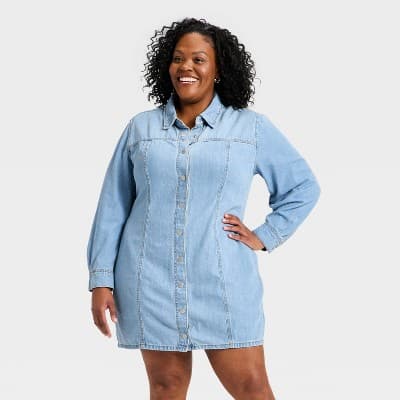 Women's Long Sleeve Mini Denim Shirtdress - Universal Thread™ Light Wash 17