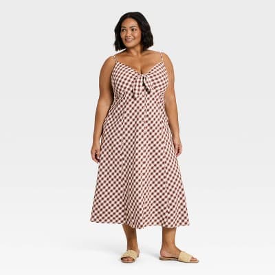 Women's Sleeveless Bow-Front Midi A-Line Dress - A New Day™ Brown Gingham 3X