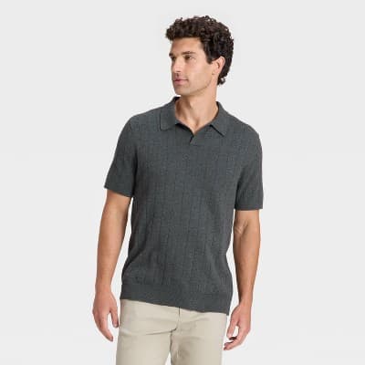 Men's Soft Knit Johnny Collar Polo Sweater - Goodfellow & Co™ Dark Gray S