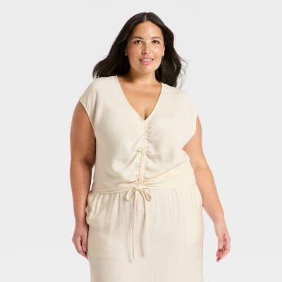 Women's Modern Gauze Tie-Top - A New Day™ Cream 2X